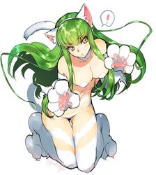  ! animal_ears animal_hands breasts c.c. cat_ears cat_paws cat_tail cleavage code_geass commentary_request cosplay creayus duplicate fake_animal_ears felicia_(vampire) felicia_(vampire)_(cosplay) female green_hair large_breasts long_hair looking_at_viewer pasties simple_background solo spoken_exclamation_mark tail thighhighs twitter_username vampire_(game) white_background white_thighhighs yellow_eyes 