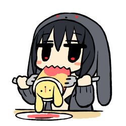  bikini bikini_top_only black_hair chan_co commentary_request darth_wooser female fork hood hoodie original plate red_eyes solo supercell_(band) swimsuit wooser_(character) 