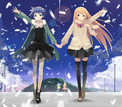  4girls bad_id bad_pixiv_id black_thighhighs blonde_hair blue_eyes blue_hair blue_sky blush bow cardigan day dress feathers fur_trim hair_ornament hairclip hat holding_hands hood hooded_jacket jacket loafers long_hair multiple_girls nauribon outdoors outstretched_arm perfect_day_(supercell) photoshop_(medium) pleated_skirt power_lines road scarf shoes short_hair skirt sky supercell_(band) thighhighs utility_pole very_long_hair zettai_ryouiki 