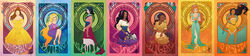  6+girls absurdres alternate_costume alternate_form art_nouveau barefoot beauty_and_the_beast belle_(disney) black_hair blonde_hair brown_hair closed_eyes column_lineup compilation dark-skinned_female dark_skin disney enchanted english_text esmeralda_(disney) fa_mulan_(disney) flower frog giselle_(disney) goat gypsy highres lips long_hair makeup mulan multiple_girls orange_hair patricia_ayu photoshop_(medium) pocahontas pocahontas_(disney) rapunzel_(disney) rapunzel_(grimm) seven_heavenly_virtues sitting tangled the_hunchback_of_notre_dame the_princess_and_the_frog tiana_(the_princess_and_the_frog) very_long_hair wide_image 