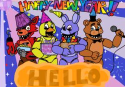  2016 animatronic anthro avian avj_(artist) bear bird bonnie_(fnaf) canid canine chica_(fnaf) chicken english_text five_nights_at_freddy&#039;s fox foxy_(fnaf) freddy_(fnaf) galliform gallus_(genus) group hi_res holidays lagomorph leporid machine mammal new_year phasianid rabbit robot scottgames text 