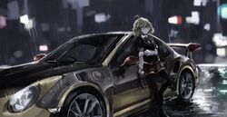  against_vehicle ahoge akuma_no_riddle black_footwear black_jacket black_pantyhose blonde_hair blurry blurry_background bow bowtie car city commentary_request deel_(rkeg) expressionless female gun handgun hashiri_nio highres holding holding_gun holding_own_arm holding_weapon jacket layered_sleeves leaning_back long_sleeves looking_away looking_to_the_side motor_vehicle night outdoors pantyhose pavement porsche porsche_911 porsche_991 rain red_eyes shoes short_hair short_over_long_sleeves short_sleeves shorts skirt solo sports_car standing standing_on_one_leg vehicle_focus weapon wet 