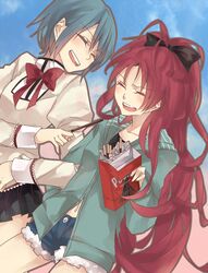  2girls bad_id bad_pixiv_id blue_hair food long_hair mahou_shoujo_madoka_magica mahou_shoujo_madoka_magica_(anime) makita_moyushi miki_sayaka mitakihara_school_uniform multiple_girls pocky ponytail red_hair sakura_kyoko school_uniform short_hair 