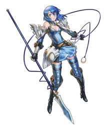  absurdres armor artist_request bare_shoulders blue_eyes blue_hair boots female fingerless_gloves fire_emblem fire_emblem:_kakusei fire_emblem:_monshou_no_nazo gloves headband high_heels highres katua nintendo official_art polearm shoes skirt spear thighhighs weapon 