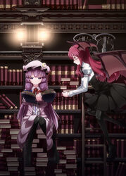  2girls bat_wings bespectacled black_pantyhose book bookshelf commentary_request crescent glasses hat head_wings highres koakuma lantern library long_hair mary_janes multiple_girls pantyhose patchouli_knowledge purple_eyes purple_hair reading red_hair shoes sitting tama_(speedgrapher) touhou voile wings 