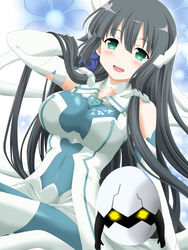  :d aobouzu_(yuyuyu) arm_support black_hair blush bodysuit breasts collar commentary_request elbow_gloves female gloves glowing glowing_eyes green_eyes hair_between_eyes hair_ribbon highres kagura_ittou large_breasts leaning_back long_hair looking_at_viewer open_mouth photoshop_(medium) ribbon round_teeth sitting smile teeth tougou_mimori tress_ribbon very_long_hair white_ribbon yuuki_yuuna_wa_yuusha_de_aru yuusha_de_aru 