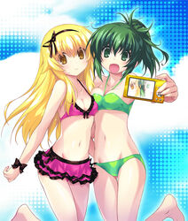  2girls :d barefoot bikini bikini_skirt blonde_hair bow breast_press breasts brown_eyes camera cleavage commentary_request frilled_bikini frills green_bikini green_eyes green_hair hair_ribbon hairband halterneck hatomugi_(hato6g) leg_up long_hair medium_breasts mikakunin_de_shinkoukei multiple_girls navel oerba_yun_fang oono_niko open_mouth photoshop_(medium) pink_bikini ponytail ribbon selfie small_breasts smile suetsugi_konoha swimsuit taking_picture wrist_ribbon 