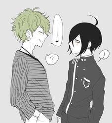  ! 2boys ? amami_rantarou black_hair blazer buttons closed_eyes danganronpa duo eyebrows green_hair heart jewelry multiple_boys nanamichiii necklace new_danganronpa_v3 pants pendant saihara_shuuichi school_uniform shirt short_hair striped striped_shirt uniform 