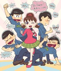  1boy ;d black_hair brown_hair commentary_request denim female green_skirt heart heart_in_mouth hood hoodie index_finger_raised jeans low_twintails matsuno_karamatsu microphone music o-yuki one_eye_closed open_mouth osomatsu-kun osomatsu-san osomatsu_(series) pants pink_shirt plaid plaid_skirt shirt short_twintails singing six_shame_faces skirt smile sunburst turtleneck twintails yowai_totoko 