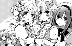  5girls akemi_homura akemi_homura_(magical_girl) bad_id bad_pixiv_id beret blush bow drill_hair greyscale hair_ornament hairbow hat headband kaname_madoka kaname_madoka_(magical_girl) long_hair magical_girl mahou_shoujo_madoka_magica mahou_shoujo_madoka_magica_(anime) miki_sayaka miki_sayaka_(magical_girl) monochrome multiple_girls ponytail puffy_sleeves sakura_kyoko sakura_kyoko_(magical_girl) shiroi_hakuto short_twintails tomoe_mami tomoe_mami_(magical_girl) twintails 