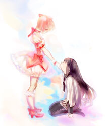  2girls 3838383 akemi_homura akemi_homura_(magical_girl) black_hair bubble_skirt gloves hairband kaname_madoka kaname_madoka_(magical_girl) long_hair looking_down looking_up magical_girl mahou_shoujo_madoka_magica mahou_shoujo_madoka_magica_(anime) multiple_girls pantyhose pink_hair ribbon shoes short_twintails skirt twintails 