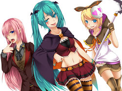  3girls :p aqua_eyes aqua_hair belt blonde_hair blue_eyes boots bracelet colorized commentary_request cosplay fangs goma_azarasi hatsune_miku jewelry kagamine_rin long_hair looking_at_viewer megurine_luka multiple_girls nail_polish navel pink_hair pointy_ears scythe short_hair simple_background skull smile striped_clothes striped_thighhighs thigh_boots thighhighs tongue tongue_out twintails vocaloid white_background 