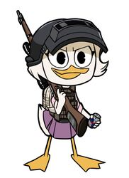  2017 4_fingers altyn_helmet anatid anseriform anthro armor avian backpack beak beverage bird bottomwear bulletproof_vest clothing digital_media_(artwork) disney dot_eyes duck ducktales ducktales_(2017) energy_drink feathers female fingers flowerpigeon73 grin gun headgear helmet kar98k kg-3 playerunknown&#039;s_battlegrounds pose ranged_weapon red_bull rifle simple_background skirt smile sniper_rifle solo spetsnaz standing weapon webby_vanderquack white_background white_body white_feathers 