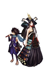  1boy absurdres bare_shoulders female hadanugi_dousa helmet highres japanese_clothes katana kimono kisuke oboro_muramasa official_art open_clothes open_kimono photoshop_(medium) sword torahime weapon white_background 