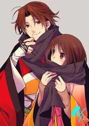  1boy bad_source black_sclera blush brown_eyes brown_hair colored_sclera couple covering_own_mouth earrings enpera female grey_background japanese_clothes jewelry koumei_(sangoku_rensenki) long_sleeves looking_at_another parted_bangs protected_link sangoku_rensenki sash scarf scarf_over_mouth shared_clothes shared_scarf signature simple_background smile straight sweater upper_body wide_sleeves yamada_hana yuuki_mitsuru 