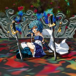  arm_support bad_id bad_pixiv_id bare_shoulders blue_eyes blue_hair boots cape cometch female magical_girl mahou_shoujo_madoka_magica mahou_shoujo_madoka_magica_(anime) miki_sayaka miki_sayaka_(magical_girl) short_hair sitting solo sword thighhighs weapon witch&#039;s_labyrinth 