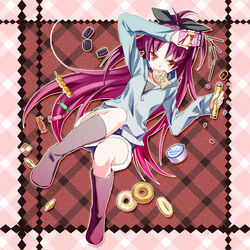  boots checkerboard_cookie commentary_request cookie dango doughnut eating female food jacket kori_(etinop) long_hair looking_at_viewer mahou_shoujo_madoka_magica mahou_shoujo_madoka_magica_(anime) mitarashi_dango mouth_hold orange_eyes pocky ponytail purple_hair red_hair sakura_kyoko sandwich_cookie shorts skewer smile solo taiyaki wagashi 