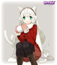  animal_ears argyle_clothes argyle_legwear black_pantyhose boots brown_footwear cat_ears cat_tail coat commentary_request cross-laced_footwear earmuffs female green_eyes lace-up_boots long_hair mami_(apsaras) mittens multiple_tails pantyhose plaid plaid_skirt scarf sitting skirt smile snowball solo tail white_hair winter_clothes youjo_taisen 