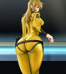  ass backboob black_eyes blonde_hair bodysuit breasts curvy erect_nipples female from_behind galaxy highres huge_ass legs long_hair looking_back medium_breasts mori_yuki nolia skin_tight smile solo standing star stars thighs uchuu_senkan_yamato uchuu_senkan_yamato_2199 wide_hips 