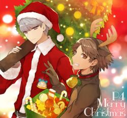  2boys animal_costume animal_ears box brown_eyes brown_hair christmas christmas_tree commentary_request copyright_name deer_ears fake_animal_ears fake_antlers fur_trim grey_eyes grey_hair grin hairband hanamura_yousuke hat holding holding_box kuma_(persona_4) looking_at_viewer male_focus mami_(apsaras) merry_christmas multiple_boys narukami_yuu ornament persona persona_4 reindeer_costume santa_costume santa_hat smile 