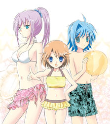  ahoge annoyed bikini blue_eyes blue_hair blush breasts brown_hair cardfight!!_vanguard long_hair navel open_mouth pointing ponytail purple_hair sendou_aichi sendou_emi short_hair shorts siblings skirt swimsuit tokura_misaki 