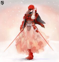  armor belt boots brown_hair capelet commentary_request dress female helm helmet high_heels pixiv_fantasia pixiv_fantasia_5 ririnra scissors shoes snowing solo sword weapon 