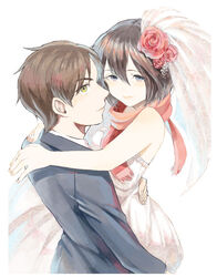  1boy bad_id bad_pixiv_id black_hair brown_hair commentary_request couple dress eren_yeager female flower formal green_eyes hug mikasa_ackerman nozawa_yukiko scarf shingeki_no_kyojin straight suit wedding_dress 