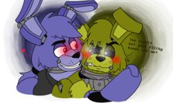  2015 animatronic anthro avj_(artist) bonnie_(fnaf) duo five_nights_at_freddy&#039;s five_nights_at_freddy&#039;s_3 glowing glowing_eyes lagomorph leporid machine mammal rabbit robot scottgames simple_background springtrap_(fnaf) 