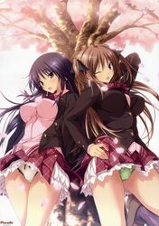  2girls :d ;d absurdres anna_(mirai_nostalgia) argyle_clothes argyle_legwear black_hair blazer blush breasts brown_eyes brown_hair cherry_blossoms clothes_lift frilled_panties frills green_panties hand_on_own_hip highres jacket kasuga_iori koku large_breasts loafers long_hair mirai_nostalgia multiple_girls one_eye_closed open_clothes open_jacket open_mouth outdoors panties pantyshot petals plaid plaid_skirt print_panties purple_eyes school_uniform shoes skirt skirt_lift smile star_(symbol) star_print tree two_side_up under_tree underwear white_panties 