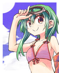  bikini bikini_top_only claire_(sennen_sensou_aigis) commentary_request female flat_chest goggles green_hair hikawa_shou photoshop_(medium) sennen_sensou_aigis smile striped_bikini striped_clothes swimsuit 