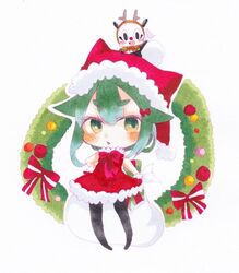  1boy bag christmas female gatchaman gatchaman_crowds green_eyes green_hair santa_hat santa_outfit santa_suit thighhighs utsutsu 