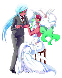  blue_hair blush breasts crossdressing crossdressing demon_girl dress female flat_chest formal green_eyes green_hair hand_holding horns incest ingenmame jewelry kneesocks_(character) kneesocks_(psg) large_breasts long_hair nabeshiki_(ingenmame) necklace necktie open_mouth panty_&amp;_stocking_with_garterbelt pointy_ears ponytail red_skin reverse_trap ring scanty scanty_(psg) siblings sisters sitting small_breasts smile suit sunglasses veil very_long_hair wedding_dress yuri 