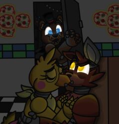  2015 animatronic anthro avian avj_(artist) beak bear bird canid canine chicken five_nights_at_freddy&#039;s five_nights_at_freddy&#039;s_2 fox freddy_(fnaf) galliform gallus_(genus) glowing glowing_eyes group kissing machine mammal phasianid robot scottgames toy_chica_(fnaf) withered_foxy_(fnaf) 