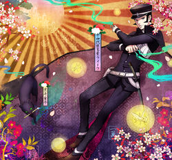  1boy belt buckle cherry_blossoms commentary_request devil_summoner_(series) feline hat kuzunoha_raidou looking_at_viewer male_focus pants peaked_cap photoshop_(medium) plant shin_megami_tensei solo tree tsukuru_(seki_sabato) uniform 