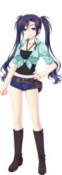  &#039;&amp;&#039;_-sora_no_mukou_de_sakimasu_you_ni- absurdres bag blue_eyes blue_hair boots female full_body game_cg hand_on_own_hip highres jewelry knee_boots looking_at_viewer midriff necklace saeki_hokuto shorts sleeves_rolled_up smile solo standing transparent_background twintails 