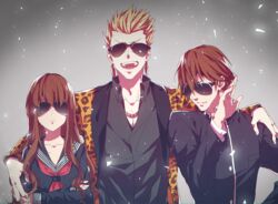  2boys animal_print arm_around_shoulder black_serafuku blonde_hair brown_hair commentary_request crossed_arms fate/extra fate/extra_ccc fate_(series) female gakuran gangnam_style gilgamesh_(fate) gilgamesh_(modern_costume_of_volupte)_(fate) gradient_background grey_background kishinami_hakuno_(female) kishinami_hakuno_(male) leopard_print long_hair multiple_boys official_alternate_costume parody protected_link sandwiched school_uniform serafuku simple_background sohi spiked_hair sunglasses tsukumihara_academy_uniform_(fate/extra_ccc) 