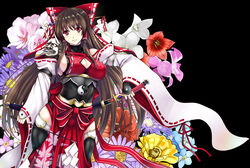  adapted_costume armor armored_dress artistic_error bad_id bad_pixiv_id bellflower bow breasts brown_hair chinese_bellflower cleavage cleavage_cutout clothing_cutout cosplay cowboy_shot detached_sleeves female floral_background flower forget-me-not_(flower) gem gohei hair_ornament hair_tubes hairbow hairpin hakurei_reimu hannya highres holding holding_gohei holding_sword holding_weapon large_breasts long_hair looking_at_viewer mask mask_on_shoulder mugenshiki obi oonusa orange_flower pink_flower purple_flower purple_gemstone red_eyes red_flower red_gemstone sash sendai_hakurei_no_miko sendai_hakurei_no_miko_(cosplay) sheath sideboob smile solo sword tachi_(weapon) thighhighs touhou unsheathing weapon white_flower yellow_flower yin_yang yin_yang_print 