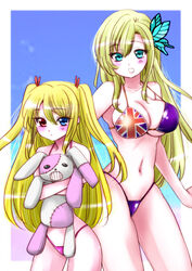  2girls australian_flag australian_flag_bikini australian_flag_print bad_id bad_pixiv_id bikini blonde_hair blue_eyes boku_wa_tomodachi_ga_sukunai butterfly_hair_ornament commission commissioner_upload flag_print hair_ornament hasegawa_kobato heterochromia highleg highleg_bikini highleg_swimsuit kashiwazaki_sena long_hair multiple_girls navel perepere-kun photoshop_(medium) print_bikini red_eyes stuffed_animal stuffed_rabbit stuffed_toy swimsuit twintails two_side_up union_jack union_jack_bikini 