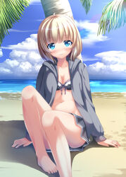  bare_legs barefoot beach bikini blonde_hair blue_eyes blush breasts cleavage cloud commentary_request day female front-tie_top highres hood hood_down hoodie looking_at_viewer navel ocean open_clothes open_hoodie original outdoors palm_tree photoshop_(medium) sand short_hair sitting skirt sky small_breasts solo swimsuit tree water yoruda 