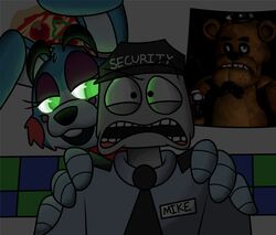  2015 ambiguous_gender animatronic anthro avj_(artist) duo five_nights_at_freddy&#039;s five_nights_at_freddy&#039;s_2 glowing glowing_eyes human lagomorph leporid machine male male/ambiguous mammal mike_schmidt rabbit robot scottgames toy_bonnie_(fnaf) 