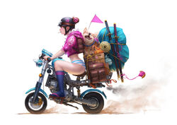  animal backpack bag blue_socks brown_hair canine closed_eyes commentary cropped_jacket english_commentary facepaint fangs female food from_side hair_bun hair_ornament helmet highres hood hood_down hooded_jacket jacket katana kneehighs motor_vehicle motorcycle mouth_hold original panties photoshop_(medium) pink_jacket pocky pouch randoseru riding saddle sandals scabbard sheath sheathed shiba_inu short_hair short_sleeves signature simple_background single_hair_bun socks solo striped_clothes striped_panties sword tongue tongue_out underwear watermark weapon web_address wen_juinn white_background 