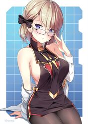  adjusting_eyewear aiguillette alternate_costume azur_lane bare_shoulders blonde_hair blush breasts chestnut_mouth coat collarbone commentary_request cowboy_shot female glasses hair_ribbon kaetzchen large_breasts looking_at_viewer necktie off_shoulder official_alternate_costume pantyhose parted_lips pencil_skirt purple_eyes ribbon short_hair sideboob sitting skirt solo white_coat z23_(azur_lane) z23_(philosophy_sensei)_(azur_lane) 