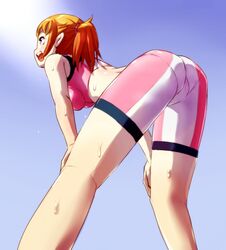  ass bent_over bike_shorts blue_eyes breasts brown_hair commentary_request day female from_behind from_below gundam gundam_build_fighters gundam_build_fighters_try hoshino_fumina kakudai_(hujikolp) leaning leaning_forward looking_away medium_breasts midriff open_mouth pantylines ponytail short_hair sideboob sky solo sports_bra sweat 