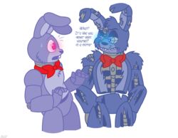  2016 animatronic anthro avj_(artist) bonnie_(fnaf) duo english_text five_nights_at_freddy&#039;s five_nights_at_freddy&#039;s_4 glowing glowing_eyes lagomorph leporid machine mammal nightmare_bonnie_(fnaf) rabbit robot scottgames simple_background text white_background 