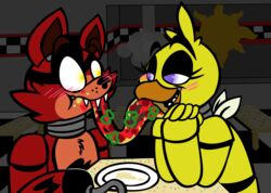  2015 absurd_res animatronic anthro arm_support avian avj_(artist) bird canid canine chica_(fnaf) chicken digital_media_(artwork) duo eating five_nights_at_freddy&#039;s food fox foxy_(fnaf) galliform gallus_(genus) hi_res interspecies leaning_on_elbow machine mammal phasianid pizza robot scottgames sitting 