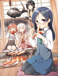  &gt;_&lt; 4girls anzu_(yume_no_owari) black_hair black_legwear blush bowl chopsticks closed_eyes closed_mouth commentary_request crab eating fire fish food glasses green_necktie hair_ornament hairclip highres holding holding_tray indoors irori_(hearth) jizaikagi koharu_(yume_no_owari) long_hair long_sleeves looking_at_viewer matsuri_(yume_no_owari) meme_(yume_no_owari) multiple_girls necktie original pantyhose plate red_hair ribbed_sweater school_uniform semi-rimless_eyewear short_hair_with_long_locks shorts shouji sitting skirt sliding_doors smile sweater tray turtleneck two_side_up under-rim_eyewear wide_sleeves yume_no_owari 