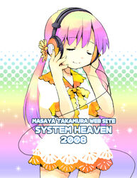  2008 blonde_hair bow bowtie closed_eyes dress female flower gradient_background gradient_hair hair_flower hair_ornament hand_on_headphones headphones multicolored_hair original puffy_short_sleeves puffy_sleeves purple_hair rainbow_background short_sleeves smile solo sparkle takamura_masaya twintails white_dress 