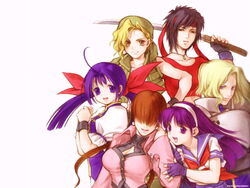  6+girls armor asamiya_athena black_hair blonde_hair blue_eyes blue_hair brown_eyes charlotte_christine_de_colde crop_top fatal_fury futaba_hotaru fuu&#039;un garou:_mark_of_the_wolves hair_over_eyes hairband headband jewelry kasamoto_eri kita_senri kizuna_encounter metal_slug multiple_girls necklace official_art official_wallpaper purple_eyes purple_hair ribbon rosa_(fuu&#039;un) samurai_spirits school_uniform shermie_(kof) short_hair snk sword the_king_of_fighters twintails weapon 