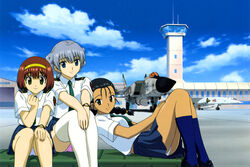  3girls aircraft airplane aoki_kiriko blue_eyes brown_eyes clenched_hand cloud control_tower day fighter_jet green_eyes jet meteor_sweepers_uniform mig-31 military military_vehicle multiple_girls necktie ninomiya_mana panties photoshop_(medium) sky stratos_4 tachibana_mirei thighhighs tsr-2 underwear uniform yamauchi_noriyasu 