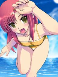  bikini blush breasts brown_eyes cleavage cloud commentary_request day female hairband hayate_no_gotoku! katsura_hinagiku long_hair medium_breasts ocean outdoors pink_hair sky solo swimsuit thighs water yagitori yellow_bikini 